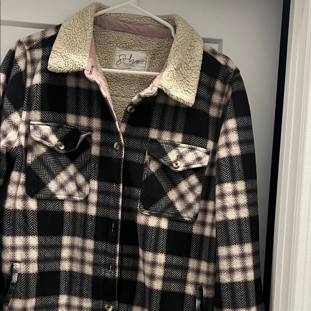 Soho Black & Cream Plaid Sherpa Collared Jacket